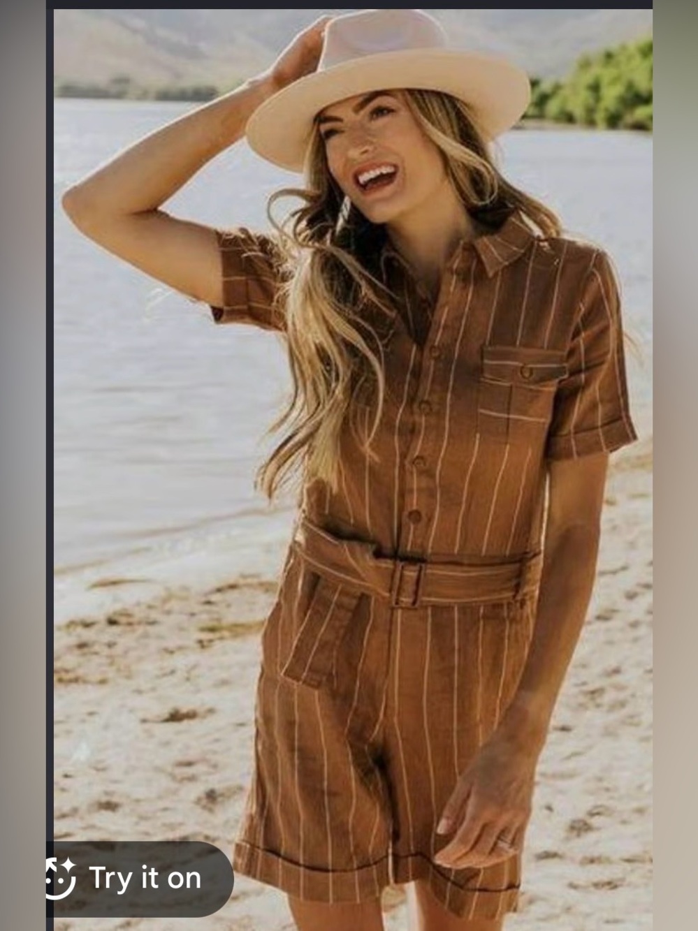 Roolee 100% Linen Women's Brown Striped Belted Short Jumpsuit